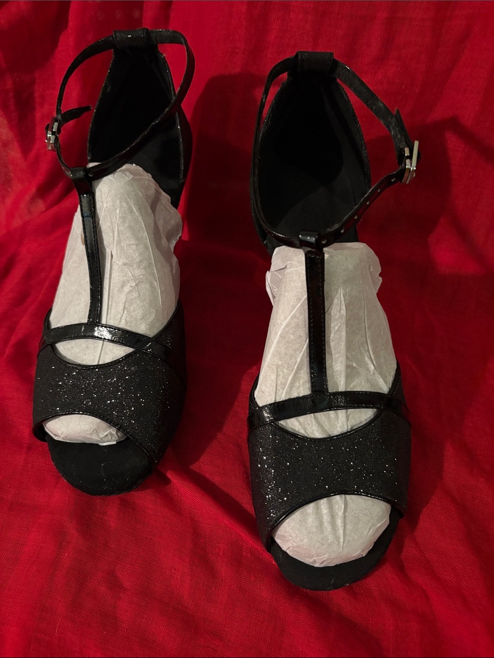 Black T-Strap Glitter Peep-Toe Heels